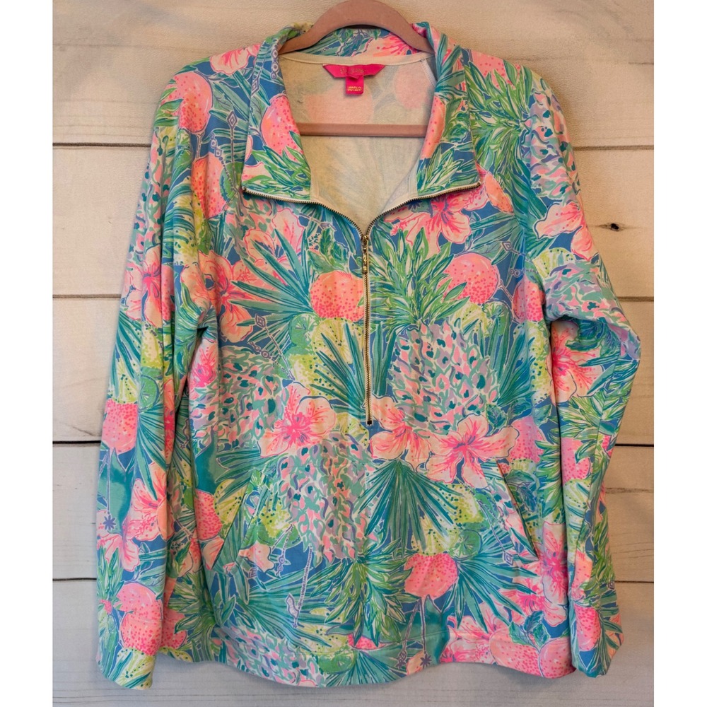 Lilly Pulitzer Skipper Popover XL Tropical Fruit Floral Quarter Zip Sweatshirt